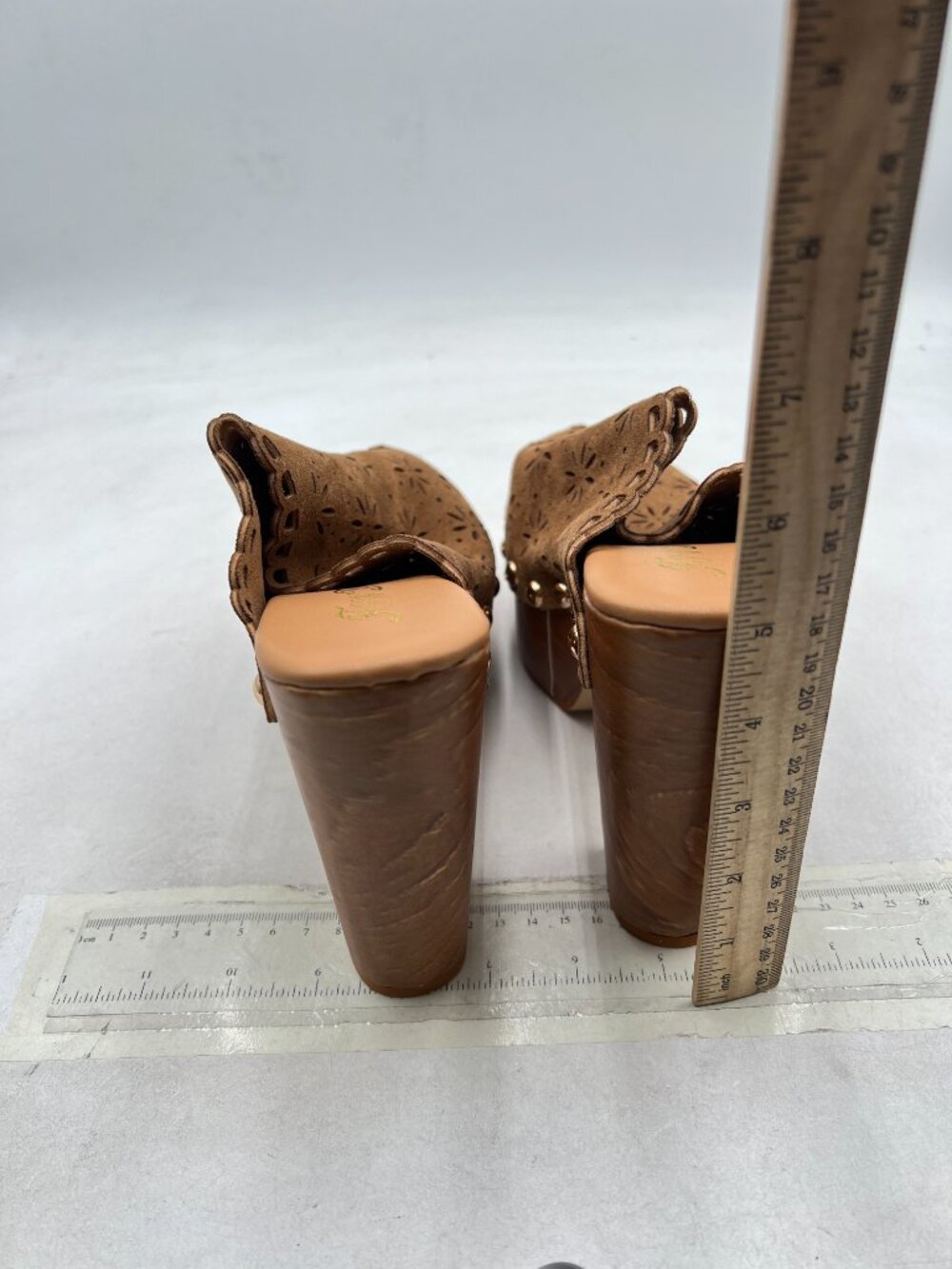FOWT Tan Studded Closed Toe Floral Cut Out Platform Chunky Super High Heel Mules - Picture 5 of 8